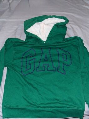 GAP Green Hoodie with Navy Logo and White Sherpa Hood